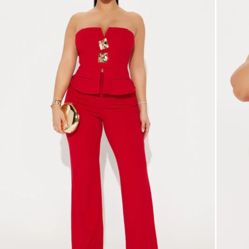 Red Strapless Pantsuit